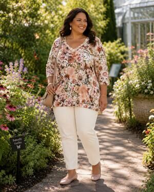 Chico's Size 4 XXL Floral Butterfly Tunic Top Rayon Stretch 3/4 Sleeve V-Neck